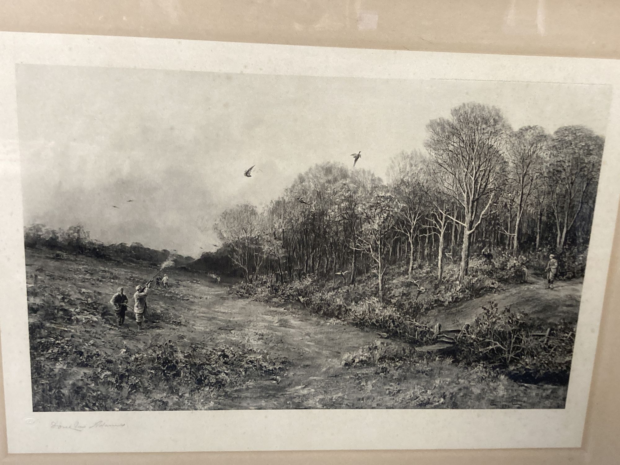 Archibald S. Worthey, photolithograph, Grouse Shooting, signed in pencil, 51 x 82cm, a similar pair of prints by Douglas Adams, 47 x 70
